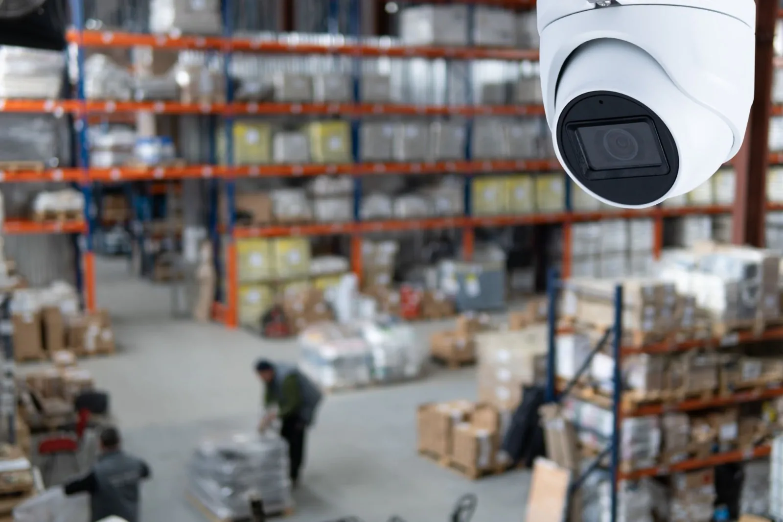 A close-up of a white dome security camera overlooking a bustling warehouse floor, illustrating the importance of CCTV Monitoring for Small Business to enhance small business security through a reliable CCTV monitoring service.
