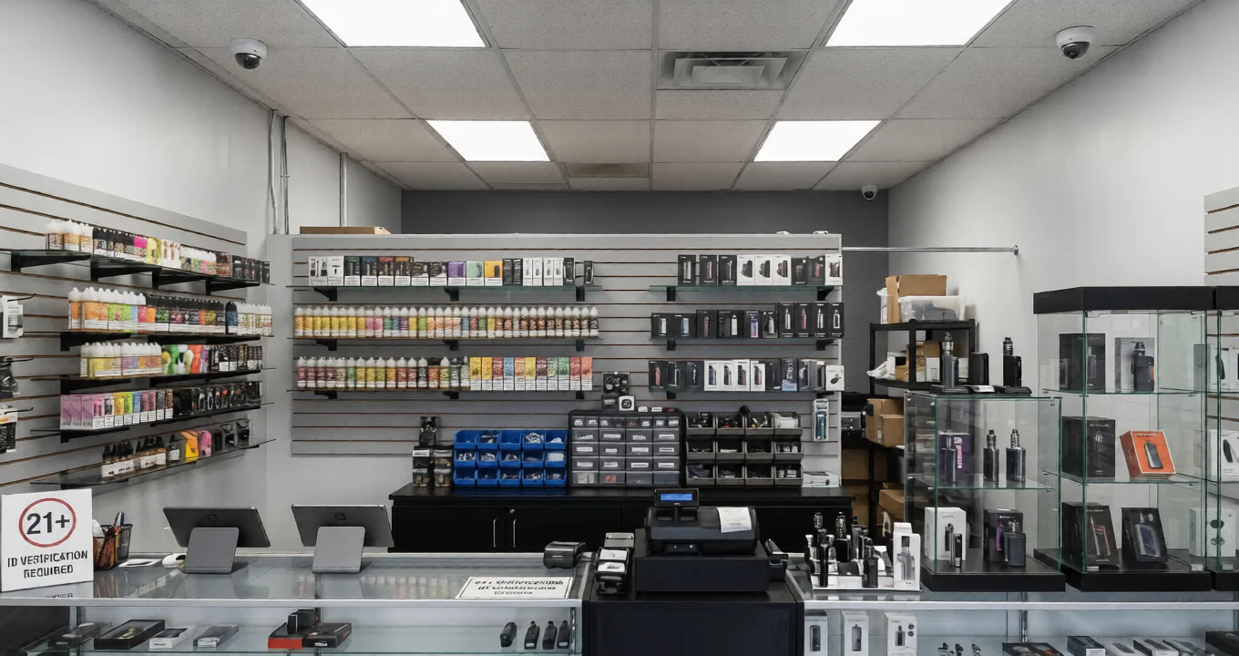 Alt Text: An interior view of a brightly lit retail store with glass display cases and shelves fully stocked with e-liquids, featuring two ceiling-mounted dome cameras that demonstrate the vital need for reliable CCTV monitoring for vape shops using remote CCTV monitoring and expert surveillance services.