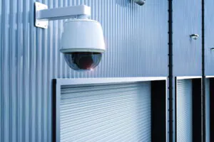 A close-up of a prominent white dome security camera mounted on a corrugated metal wall directly above a row of closed roll-up doors, demonstrating the vital role of CCTV monitoring for storage to ensure comprehensive storage facility security and continuous surveillance monitoring.