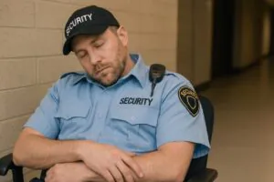 A uniformed male security guard is slumped asleep in an office chair against a brick wall in a hallway, illustrating the problem that arises when Security Guards Sleep on the job and expose property to risk.