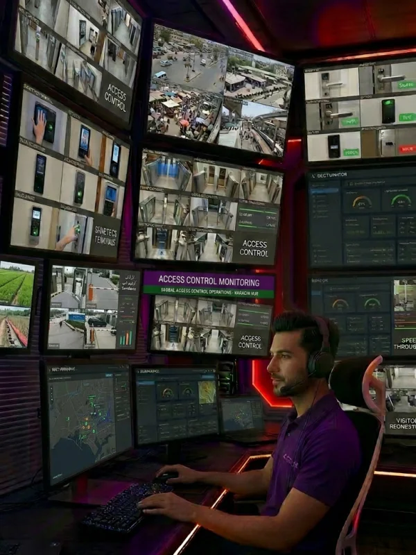 GCCTVMS operator managing live CCTV access control security system with real-time entry verification for a commercial building
