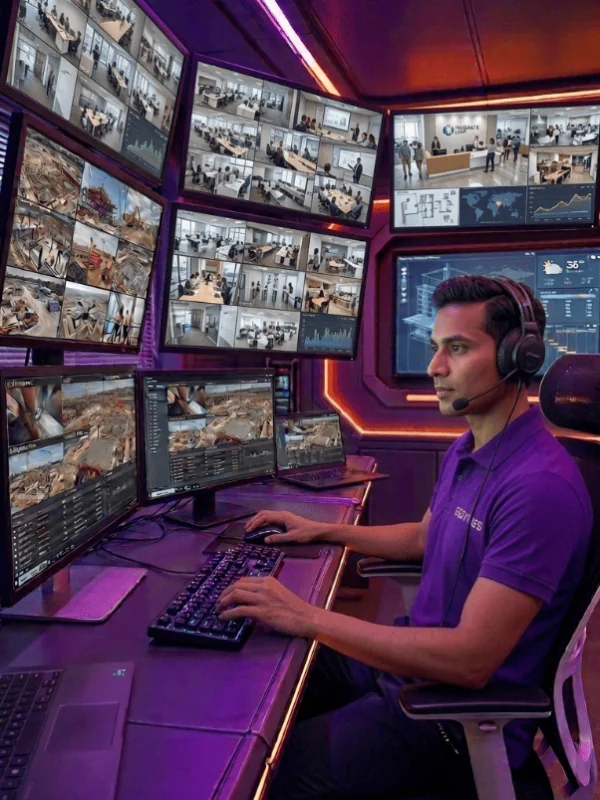 Commercial video surveillance cameras monitoring a business premises entrance and office building for 24/7 security