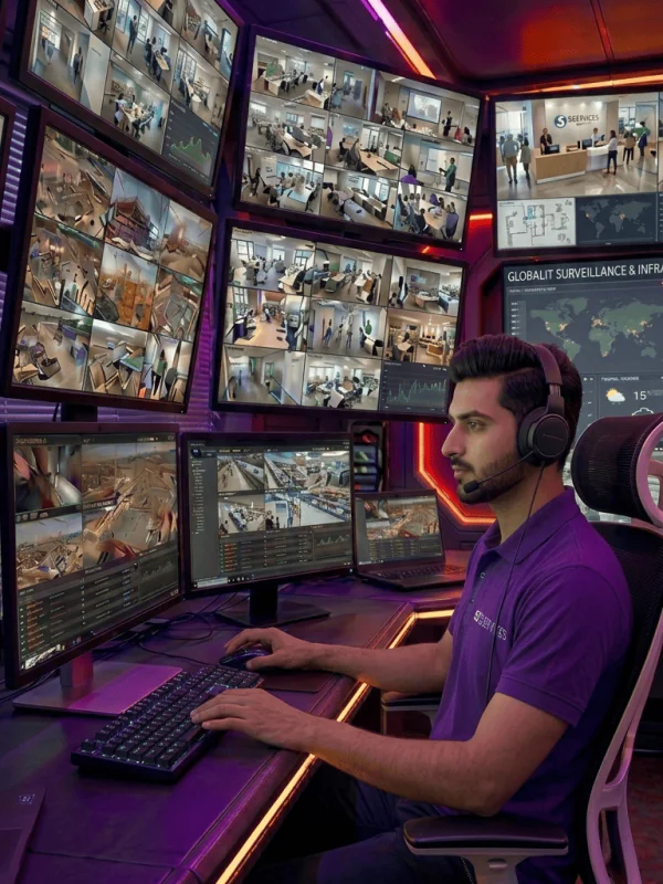 AI camera surveillance system monitoring IT infrastructure with digital video surveillance cameras in a technology data centre